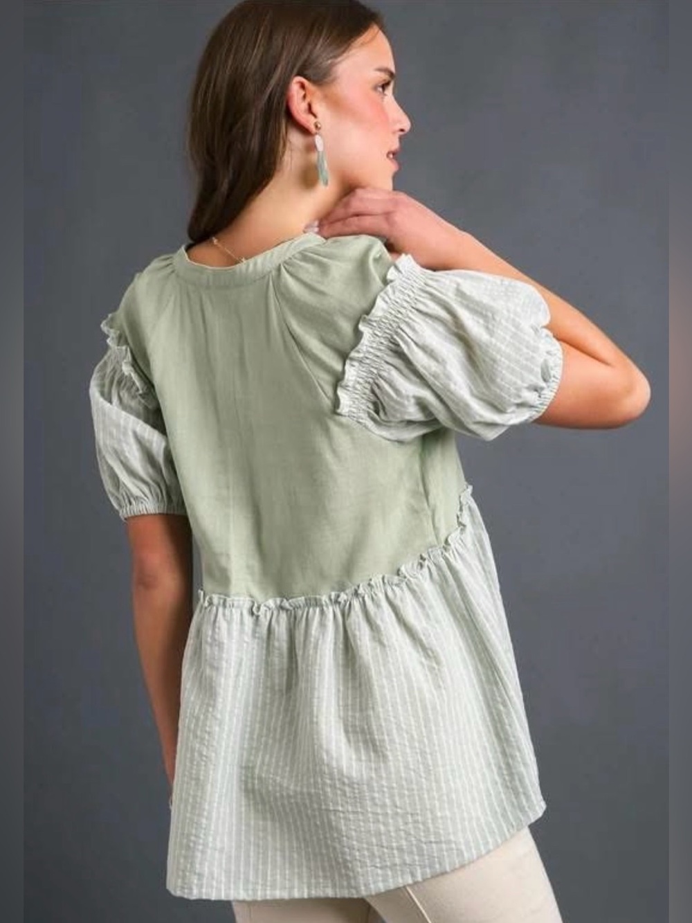 Umgee Sage Green Babydoll Blouse - Picture 2 of 8